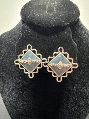 Nelsons Vintage Diamond-Shaped Post Earrings With Silver-Tone Frame & Blue Ename